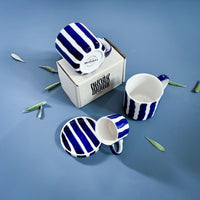 handbemalter Becher mit blauen Streifen - Ankerherz Verlag